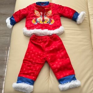 Kids Red and Blue Lunar New Year Outfit with Fur Trim